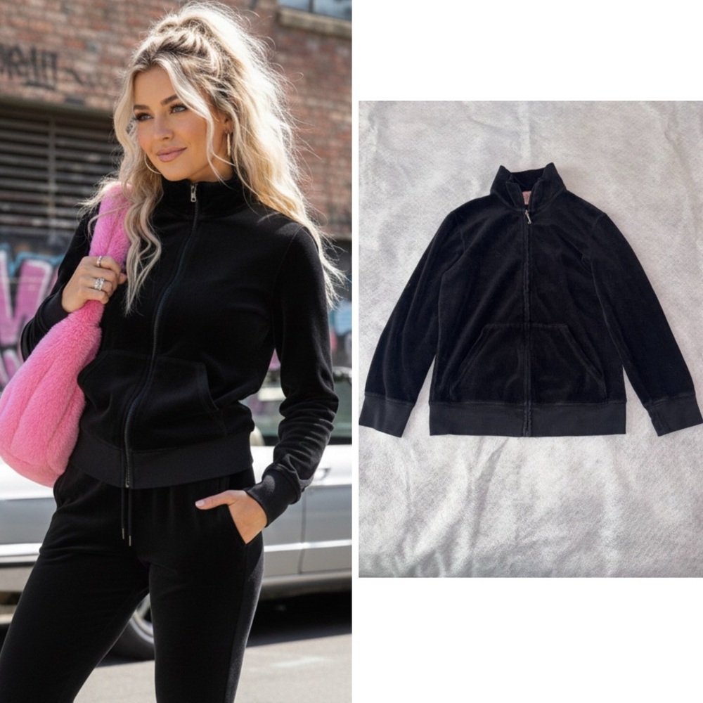 Juicy Couture Jacket Womens Medium Black Velour Zip Preppy Y2K Style